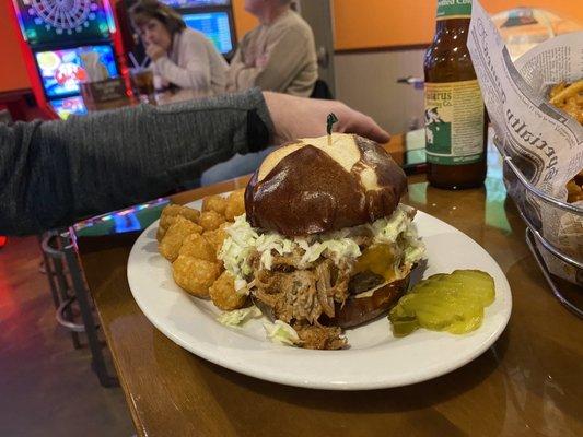 Burger with Pulled pork on Pretzel Bun! Delish