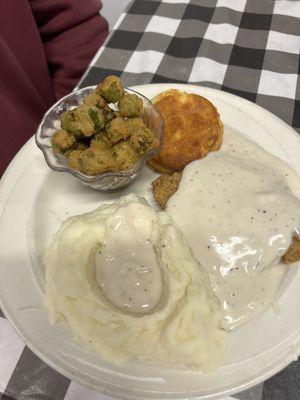 Country Fried Steak, mashed potatoes, fried okra, and a biscuit