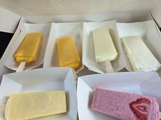 Mango, banana, horchata, coconut, and strawberry paletas