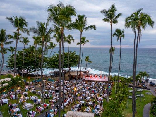 Aerial view of the Voyagers of the Pacific Luau with oceanfront background