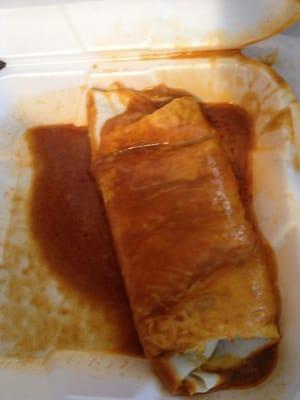 Bean burrito covered with enchilada sauce.