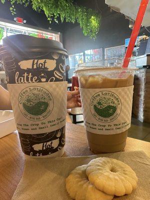 Large drip and a medium iced latte. Two complimentary cookies to go with our coffees while we waited for breakfast