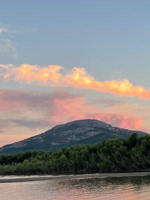 Sunset behind Mt. Scott across Lake Lawtonka