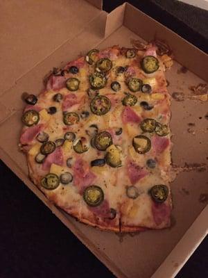 Hawaiian with extra cheese, pepperoni, olives and jalapeños