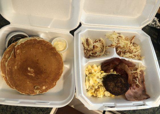 Breakfast sampler with pancakes