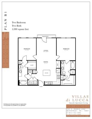 B1 - 1080 sqft  2 bed, 2 bath  $1300 - $1360