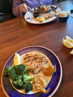 Top: scallops and coconut shrimp  Bottom: broiled salmon and coconut shrimp.  !both delicious!