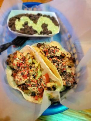 Baja shrimp tacos (corn tortilla) and Black beans & rice