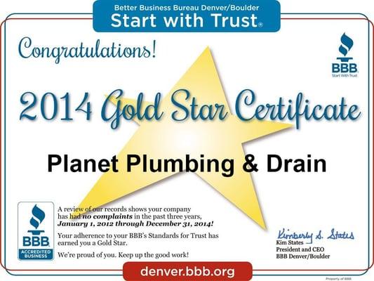 Planet Plumbing & Drain wins the BBB Goldstar for 2014...12 years in a row from 2003-2014 for zero complaints!