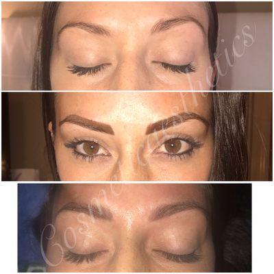 Ombre Powder brow tattoo, before, immediately after and healed