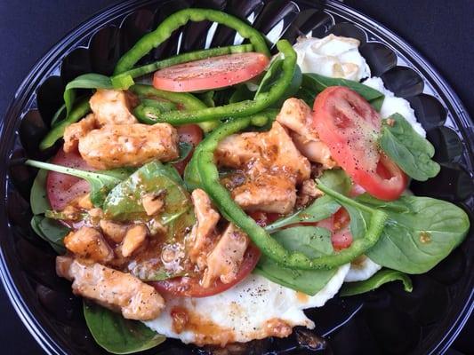 This is my bread-less breakfast. Two egg whites, teriyaki chicken, spinach, tomatoes and bell pepper. Yummy and healthy!