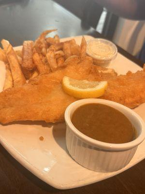 Haddock and chips with curry sauce