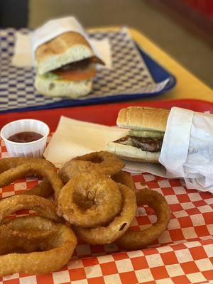 Onion rings, Hawaiian burger and bens burger (all comes in a french roll)