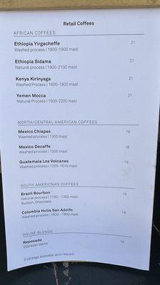 Menu of coffee beans roasted in-house