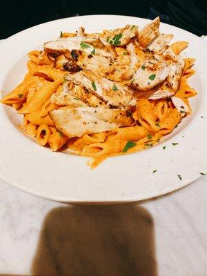 Our Penne Vodka topped with Thin Grilled Chicken