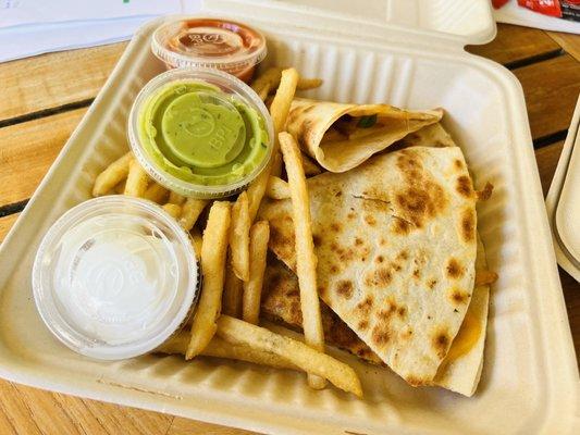 Kalua Pork Quesadilla with French Fries.