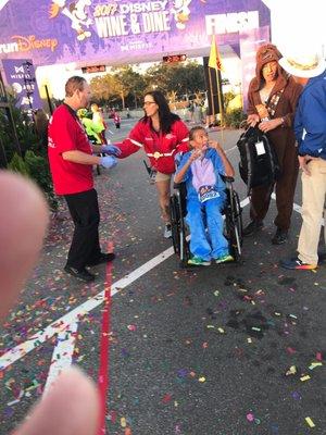 Disney wine and dine 10k 2017 using oxygen tank we rented from Orlando Medical supplies. Now into a chair but boy that oxygen came in handy