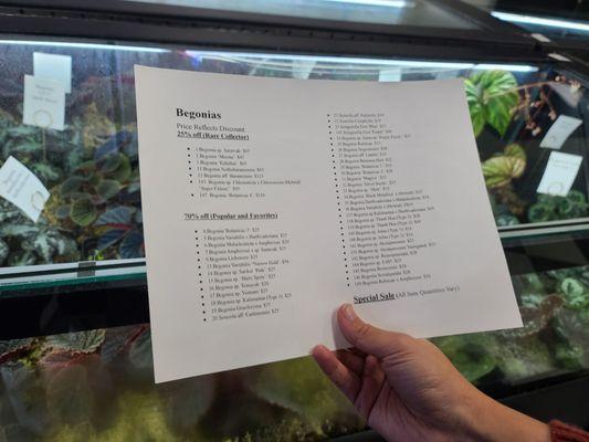 Menu of plants available