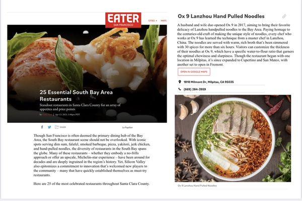 Features on EATER SF in April 2023- 25 Essential must try restaurants in South Bay.