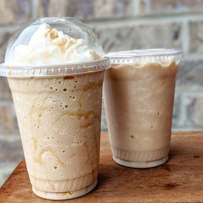 Salted caramel frap and frozen chai latte