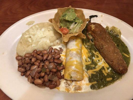 This dish was delicious with crispy chicken Chile Rellenos, shrimp enchilada and tasty sides. Our waitress was wonderful and very attentive.