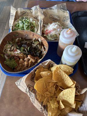 Keto bowl, chicken taco, ground beef tostada, chips & salsa