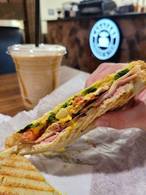 Club Panini ($7.50) and Blended Caramel Macchiato ($5.50)