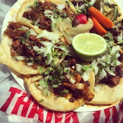 Tacos (clockwise from the bottom) Al Pastor, Carnitas, & Carne Asada. So tasty