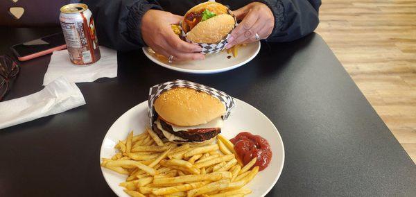 Double cheeseburger, spicy chicken.