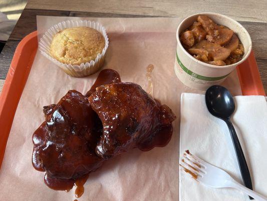 Smoked chicken w/candy yams and cornbread