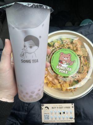 Taro milk tea and a regular build your own poke bowl