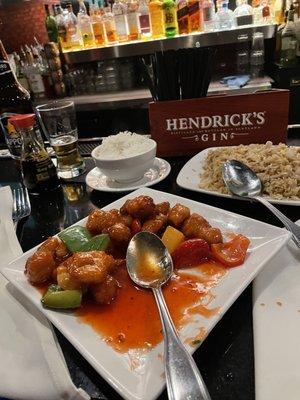 Sweet and sour chicken, chicken fried rice