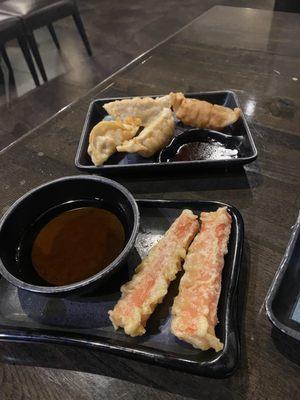 Crab tempura and gyoza