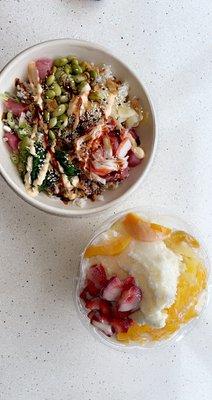 Make your own Poke bowl & Taiwanese shaved ice with strawberries, peach, pineapple, passion fruit jellies, & condensed cream!