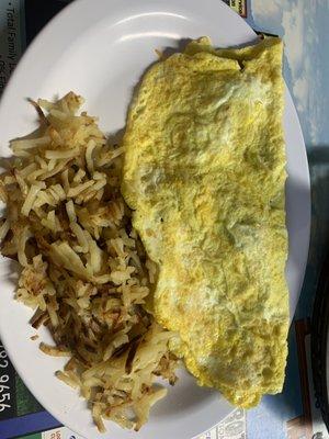 3 egg bacon omelette with shredded hash browns