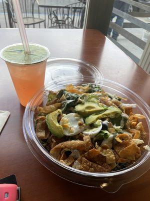 Chicken Salad with egg, bacon, cheese, avocado, olives, wonton strips and ranch. Guava Lemonade