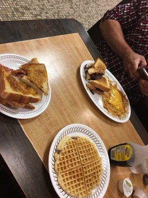 Philly melt with hash browns and cheese and a chicken bacon melt with pecan pancake