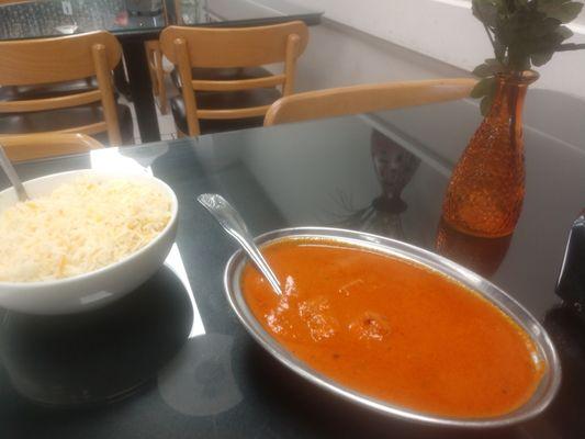 Panner Tikka Masala with rice. Delicious food! Unlike most restaurants in the US the spice level is very aggressive.