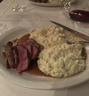 Filet Mignon, Brandy Peppercorn Glaze, risotto, garlic mashed potatoes