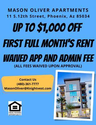 Up $1,000 off first full month rent on selected apartments. Welcome walk-in tours!!