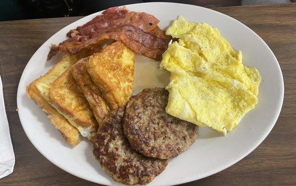 French Toast 222 (2 French toast, 2 eggs your way , 2 pieces of bacon, 2 sausage patty)