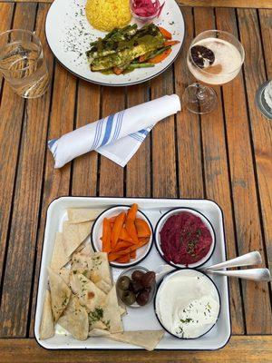 Redfish in back, mezzo with beet dip & labnah in front