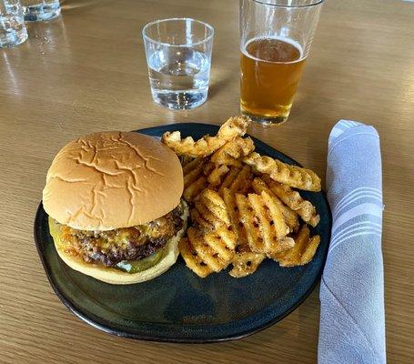 Smash burger, waffle fries.