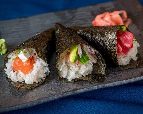 Delicious Temaki!  Pictured: Bagel, California, Tuna