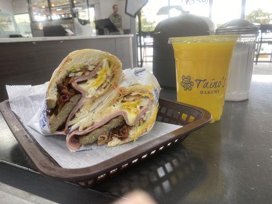 Breakfast Chorizo Sandwich with fresh Orange juice