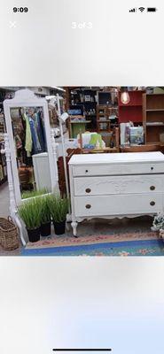 Crackel painted antique dresser and floor mirror