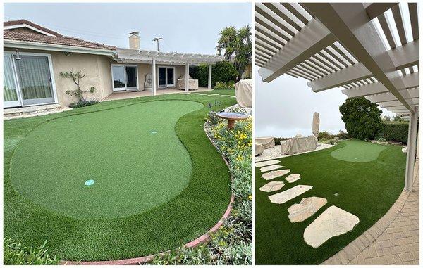 PUTTING GREEN AND ALUMINUM PERGOLA FOR A LOW MAINTENANCE BACKYARD WITH GREAT VIEW TO CATALINA ISLAND