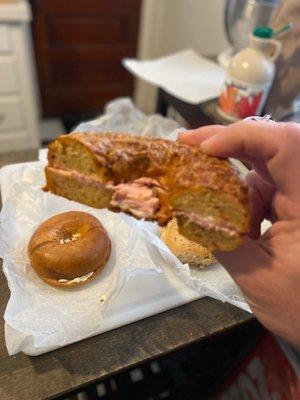 Jalapeno Cheddar Bagel with strawberry cream cheese