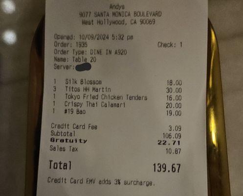 Our bill with a little surprise at the end