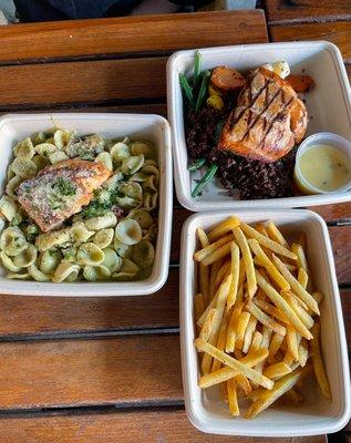 pesto pasta w salmon, salmon entree w quinoa and veg, fries